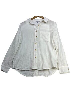 Allison Joy Women's Gauze Button-Up Shirt Long Sleeve Size S White Back Button